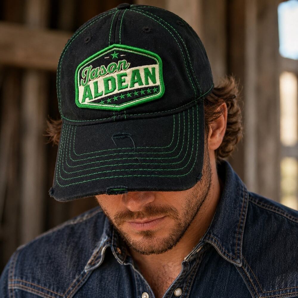 Jason Aldean Black Green Embroidered Distressed Snapback Hat Cap Country Western